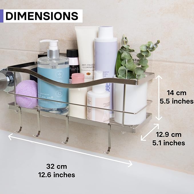 KINCMAX Premium Shower Caddy - Adhesive Bathroom Shower Organizer and Storage w/ 4 Hooks, No Drill Shower Shelves for Inside Shower, Rustproof Stainless Steel Shower Rack, Accessories Holder, Silver
