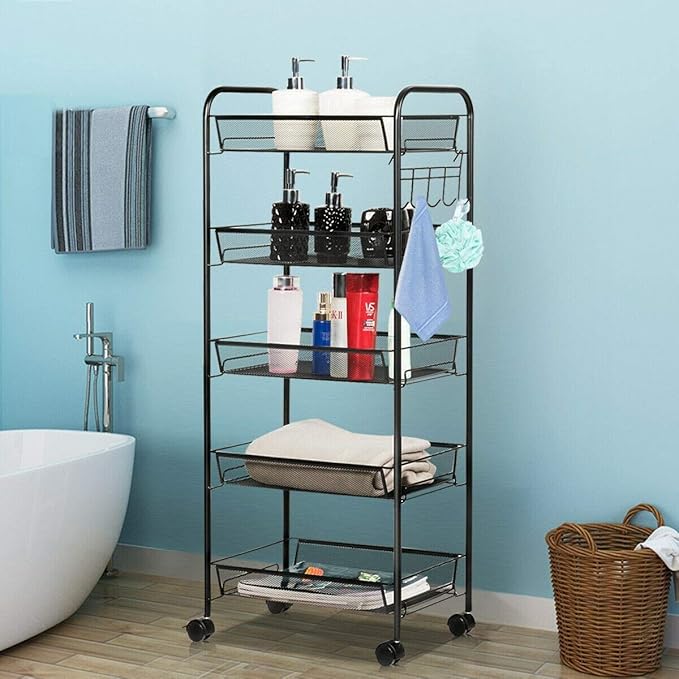JANE EYRE 5-Tier Rolling Utility Storage Rack Cart on Wheels, Trolley Craft cart, Multi-Purpose Organizer Shelf, Black-NeatNest