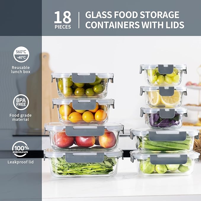 18 Pieces Glass Food Storage Containers with Lids,Airtight Glass Meal Prep Containers,Glass Storage Containers Set for Kitchen,Pantry BPA Free & Leak Proof (9 lids & 9 Containers)-NeatNest
