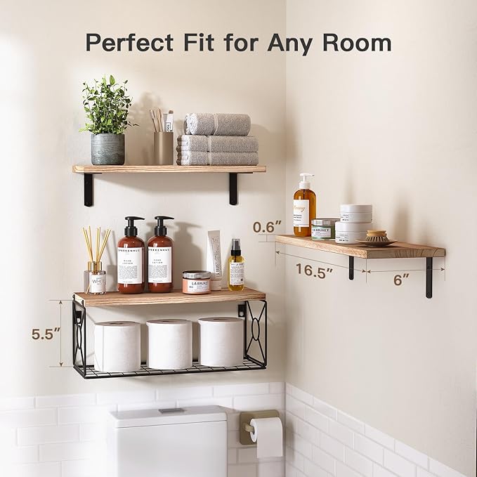 Amada Bathroom Shelves Over Toilet with Storage Basket, Floating Shelves Wall Shelves for Home Organization & Wall Decor, Bathroom/Kitchen/Living Room Shelves–Natural Wood-NeatNest