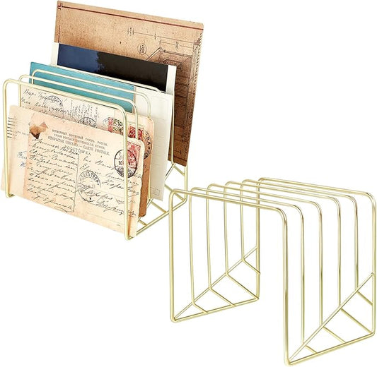 Tandefio 2 Pcs Metal Letter Sorter, 5 Slot Gold Magazine File Holder Desktop File Sorter Organizer File Storage Rack Newspaper Incline File Folder for Mail, Document, Record and Desk Accessories