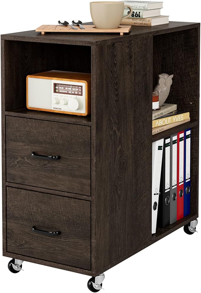 HOSTACK End Side Table, Narrow Nightstand with Storage Drawers and Adjustable Shelf, Rolling Bedside Table for Bedroom, Living Room, Home Office, Dark Brown, Set of 2