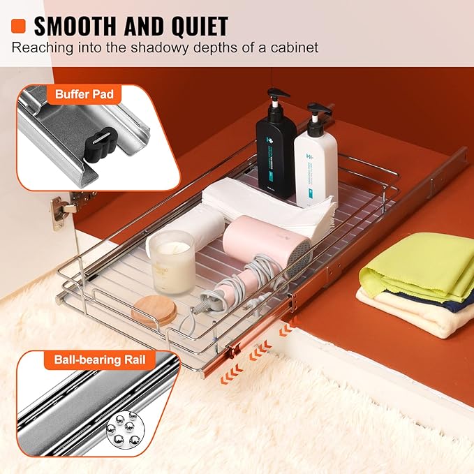 VEVOR 12.5"Wx21"Dx3.5"H Pull Out Cabinet Organizer, Heavy Duty Slide Out Pantry Shelves, Chrome-Plated Steel Roll Out Drawer, Drawer Storage for Home Under Sink, 14"Wx22"Dx7"H Install Size for Cabinet-NeatNest