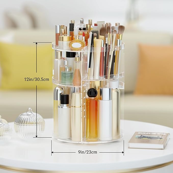 Makeup Organizer 360 rotating, Adjustable Skincare Organizer with Brush Holder, Cosmetics Display Cases for Vanity Bathroom Countertop Large Capacity Carousel Make up Caddy Shelf (Transparent)-NeatNest