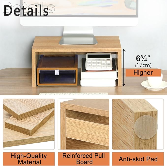 TEAMIX Higher Monitor Stand Riser, Wood Monitor Riser with Storage for Desk Small Monitor Stand TV/Screen/PC/Laptop Riser Computer Stand Desktop Shelf-NeatNest