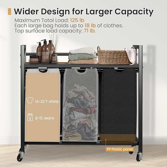 Laundry Hamper, Laundry Basket, Laundry Sorter with 3 Removable Bags, Clothes Basket with 3 Compartments, Wheels, Shelf for Laundry Room Bathroom Bedroom (3 Bags-Black Grey White)-NeatNest