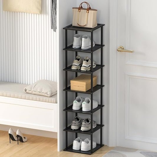 Bamboo Free Standing Shoe Rack Shelf Multi Tier Tall Wooden Stackable Shoes Rack Organizer for Closet Front Door Entrance Narrow Vertical Shoe Storage Rack for Corner Stand (Black, 7 Tiers)-NeatNest