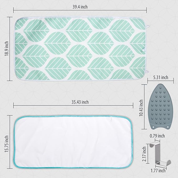Seiritex Ironing Mat, Portable Ironing Pad 39.4 x 18.9 inch Table Top Iron Board 5 in 1 Travel Iron Blanket for Washer, Dryer, Counter top, Green Leaf