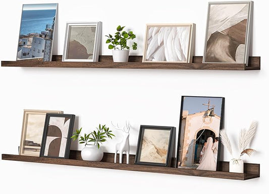 Heimlove Picture Ledge Shelf, Floating Shelves Set of 2, 48 Inches Picture Shelf for Wall with Ledge, Kids Bookshelf Wall Mounted for Living Room Bedroom Decor Books Photo Frames, Walnut-NeatNest