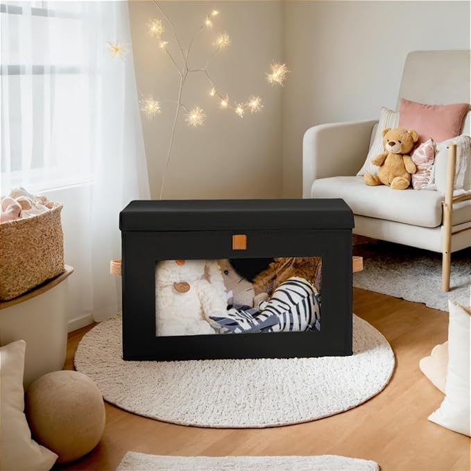 Collapsible Storage Bins - Large Stackable Organizer Bins, Decorative Boxes with Handles & Window, Fabric Containers for Living Room, Closet, Dorm, 4 Pack, Black-NeatNest