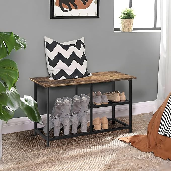 Rustic Wood Bench with 3-Tier Shoe Rack for Small Spaces - Free Standing Shoe Storage Shelf with Boot Organizer-NeatNest