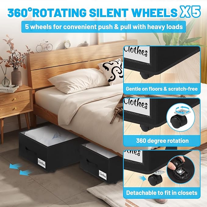 2 Pack Under Bed Storage with Wheels 10" Height, Rolling Storage Bins XXL 60L, Underbed Shoe Storage Containers with Label & Clear Lid, Dorm Under bed Drawers for Clothes, Shoes, Quick Assembly, Black-NeatNest