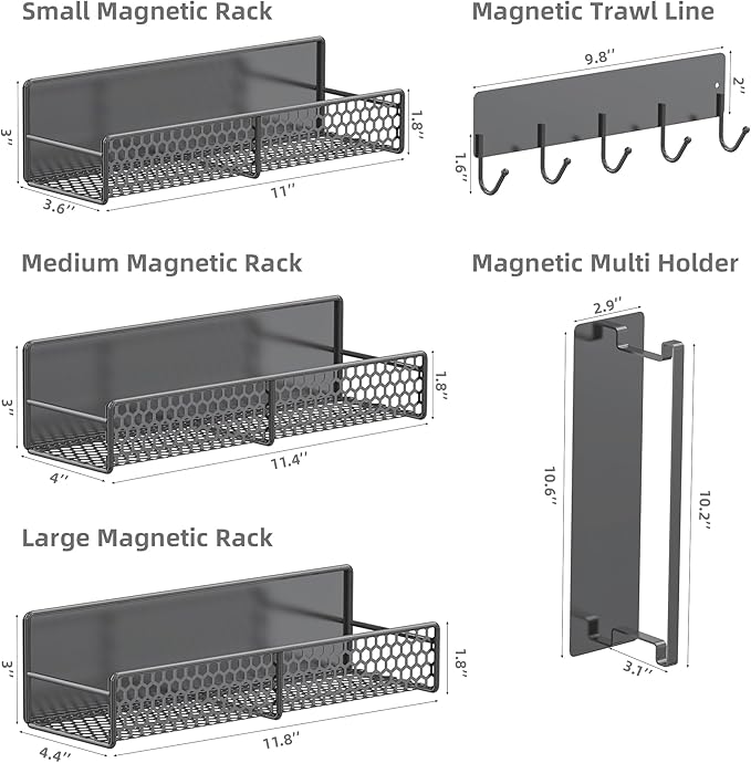 5 Pack Heavy Duty Magnetic Shelves for Laundry Room Organizer for Washer, Dryer, Fridge Spice Rack with Towel Holder, 11Lbs Capacity, No Drilling (Grey)