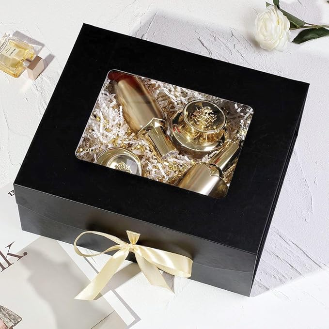 Black Gift Box for Presents with Ribbon 13.2x11x5.3 Inches Clear Gift Box with Window Magnetic Closure Gift Boxes with Lids-NeatNest