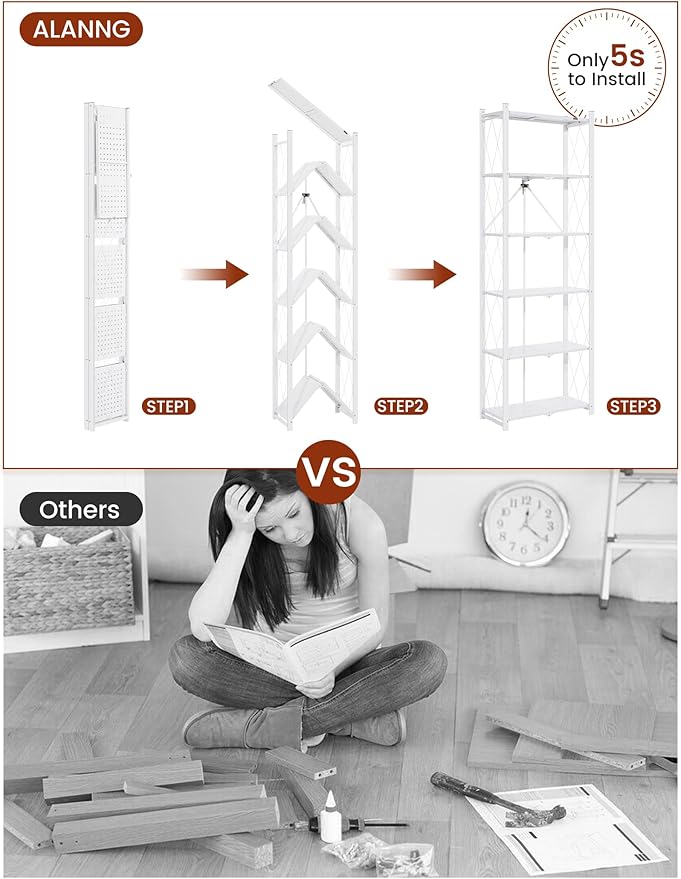 ALANNG 73.6 Inch Folding Bookshelf, 6 Tier Metal Bookcase and Bookshelves, Tall Shelves for Living Room Office Bedroom, Heavy Duty Book Shelve Free Standing Open (White, 2PACK)