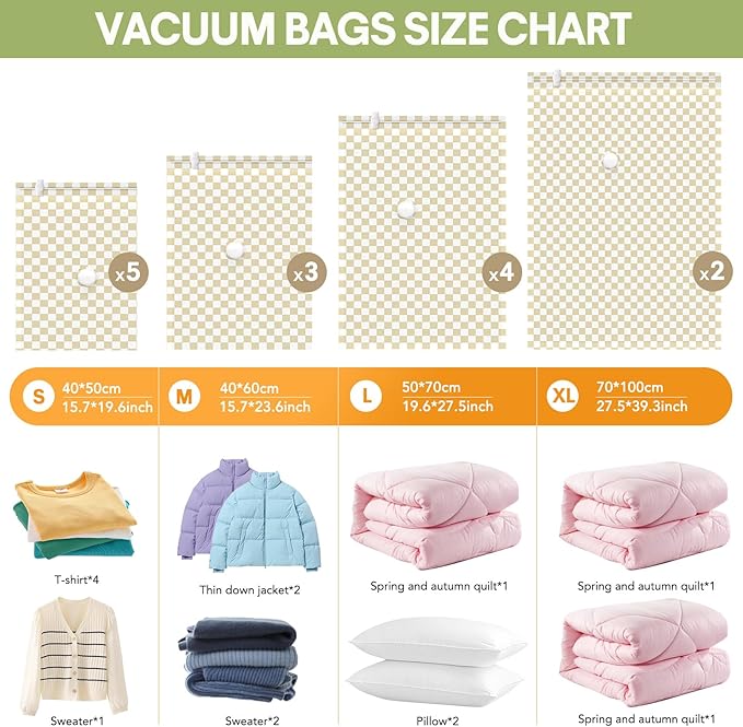 14 Pack Vacuum Storage Bags,Vacuum Seal Bags for Clothing with Hand Pump, 2 Jumbo+4 Large+3 Medium+5 Small, 80% Space Saver Bags for Luggage,Comforters,Blankets, Home Travel Essentials(Khaki Check)-NeatNest
