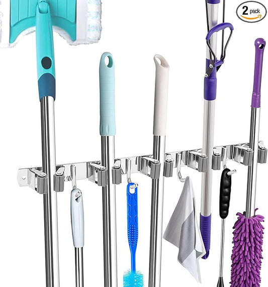 Broom Holder Wall Mount, Broom Organizer Wall Mount Stainless Steel Broom and Mop Hanger Heavy Duty Storage Organization for Home Kitchen Garden Garage Room 5 Racks 4 Hooks (2PACK)(Grey Racks)-NeatNest