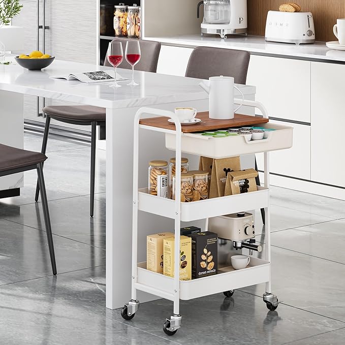 TOOLF 3-Tier Metal Utility Rolling Cart with Drawer & Wooden Table Top, Storage Cart White Trolley Kitchen Organizer Rolling Desk with Locking Wheels for Office, Classroom, Dorm, Bedroom-NeatNest