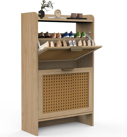 Hidden Shoe Storage Cabinets with 2 Flip Drawers and Wood Legs, Freestanding Narrow Shoe Organizer Rack for Entryway, Natural-NeatNest