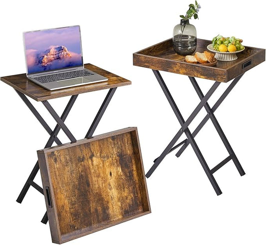 IBUYKE Foldable TV Tray Set of 2 TV,End Table with Removable Food Serving Tray,Portable Wooden Snack Table for Livingroom, Bedroom, Office, Camping,Rustic Brown, UTVT001H-NeatNest
