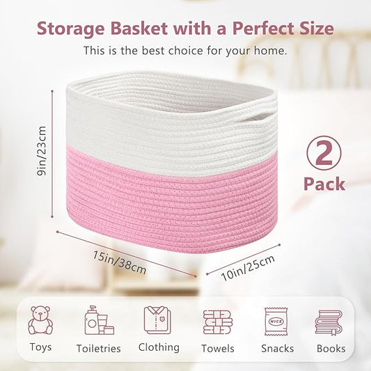 Cotton Rope Shelf Storage Basket, 15x10x9 in, Shelf Storage Baskets for Clothes, Toys, Towels, Books, Laundry (White/ Pink, 2 Pack)-NeatNest