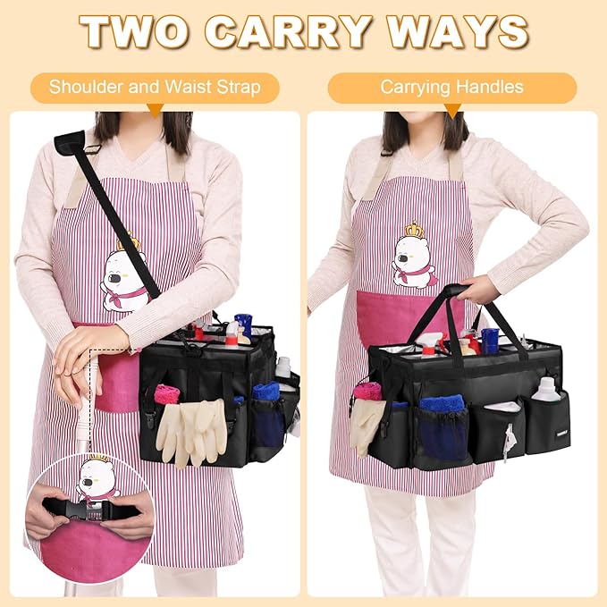 Extra Large Cleaning Caddy Bag with Built-In Support Board, Cleaning Tote Organizer with Removable Divider, Supply Carryall with Adjustable Shoulder Strap and Waist Belt for Cleaners & Housekeeper