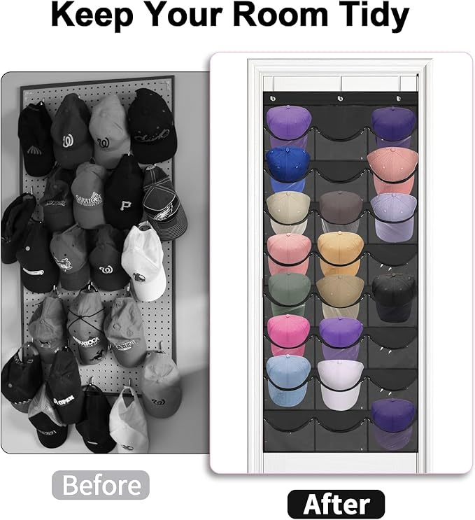 Hat Rack for Baseball Caps, 24 Pocket Over the Door Hat Organizer with 3 Hooks, Hat Holder for Door with Large Clear Pockets, Hat Storage to Protect and Display, Black - 1 Pack-NeatNest
