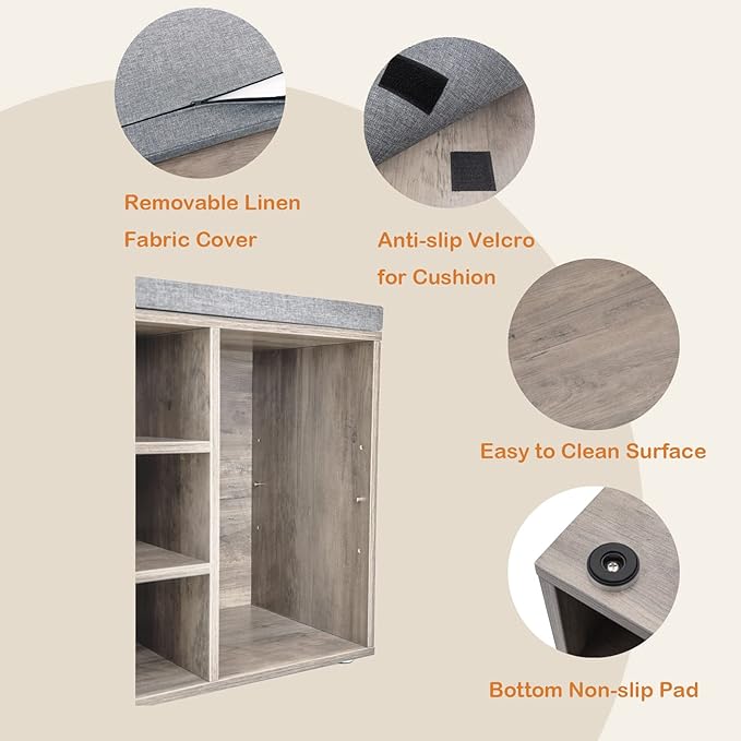 DINZI LVJ Shoe Bench, 9 Cubbies Shoe Organizer for Entryway, Storage Bench with Cushion, Cubby Shoe Rack with Adjustable Shelves for Living Room, Bedroom, Mudroom, Hallway, Greige-NeatNest