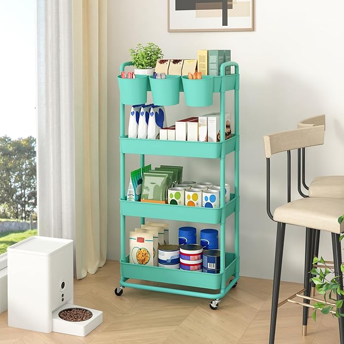 JIUYOTREE 4-Tier Plastic Rolling Storage Cart Utility Cart with Extra Hanging Cups Handles Lockable Wheels for Living Room Bathroom Kitchen Office Green-NeatNest