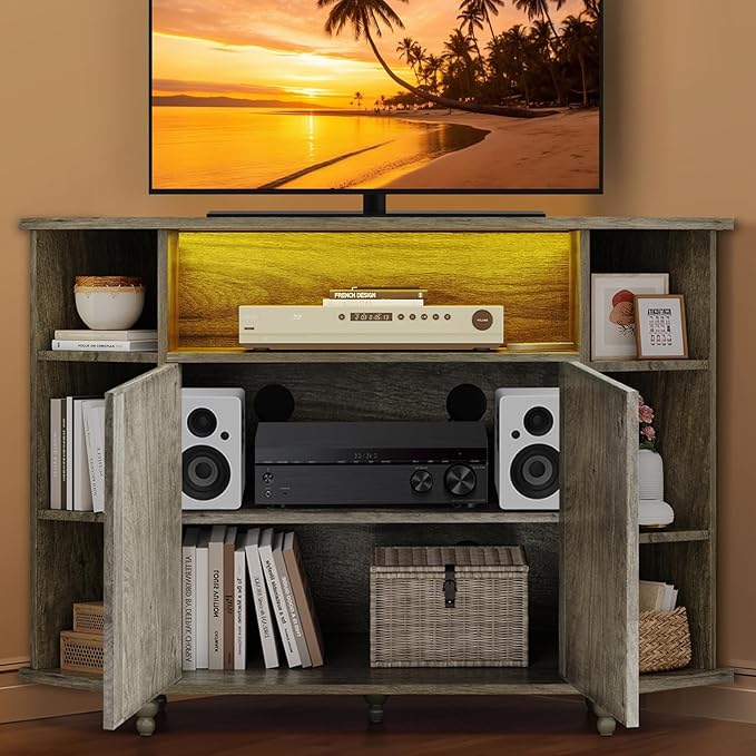 4 EVER WINNER Corner TV Stand for 50 Inch TV, Farmhouse Corner Entertainment Center with Led Light, Open Storage, Adjustable Shelves, TV Cabinets for Living Room, Bedroom, Grey-NeatNest