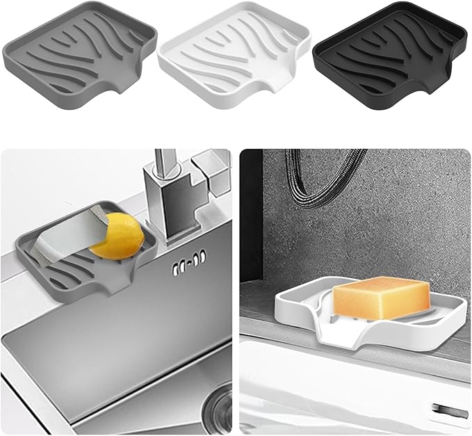 3PCS Draining Soap Dishes, Dishwashing Sponge Holder with Water Tray, Keep The Place Dry, Easy to Clean Cases, Suitable for Kitchen, Bathroom, Soap Container (Type1Black+Grey+White)-NeatNest