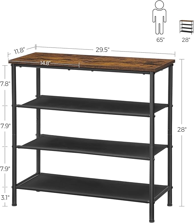 VASAGLE Shoe Rack, 4-Tier Shoe Storage Organizer for Entryway and Closet, Holds 9-12 Pairs of Shoes, 3 Fabric Shelves, Steel Frame, Industrial, Rustic Brown and Black ULBS035B01-NeatNest
