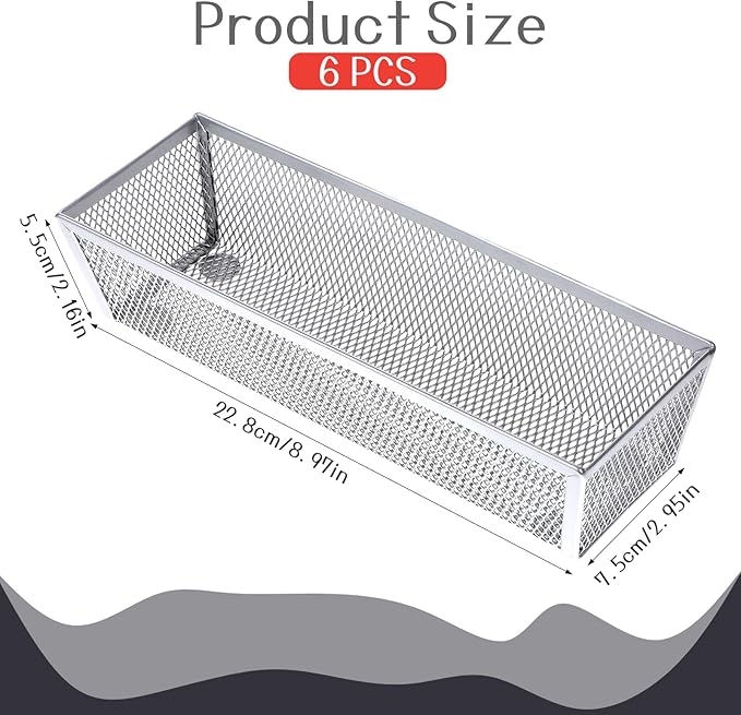 6 Pack Silverware Organizer, Mesh Small Utensil Drawer Organizer Silverware Holder for Kitchen Drawer, Metal Narrow Cutlery Drawer Organizer for Flatware, Knives, Spoons Storage 3x9x2 Inch-NeatNest