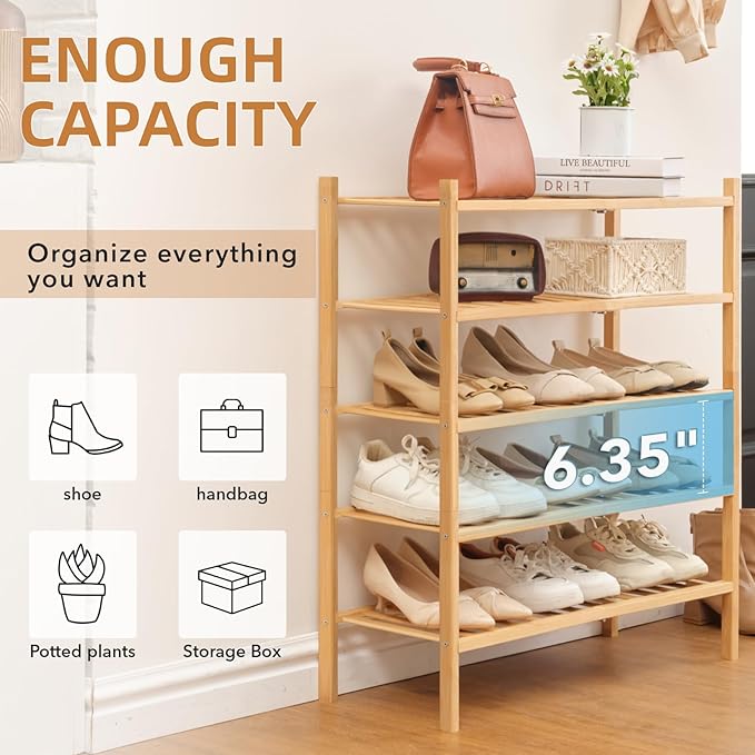 5 Tier Bamboo Shoe Rack Storage Organizer for Closet, Multifunctional Stackable Free Standing Shoe Shelf Organizer for Small Space,Entryway,Hallway,Bathroom 27"x11"x32"(Natural, 5 Tier)-NeatNest