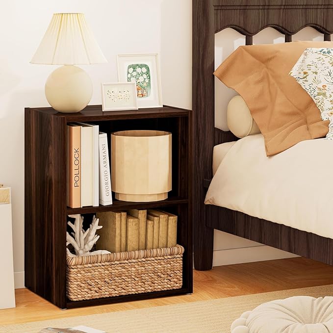 Giantex Bookshelf and Bookcase 2-Layer Storage Shelf w/Large-Capacity Open Storage Space, MDF P2 Veneer, for Living Room Bedroom Study Office Multi-Functional Furniture Display Cabinet (Walnut, 1)