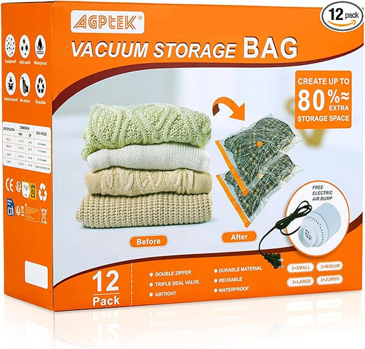 AGPTEK 12 Pack Vacuum Storage Bags(3 Jumbo/Large/Medium/Small) Compression Storage Bags for Blankets Clothes, Space Saver Vacuum Seal Bags for Clothing Bedding Travelling Luggage(Electric Pump)-NeatNest