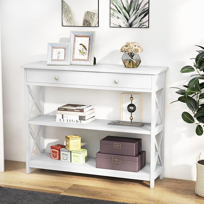 GOFLAME 39" Console Sofa Table with Drawers, 3-Tier Narrow Entry Table with Storage Shelves for Living Room Behind Couch, Entryway, Hallway (White)-NeatNest