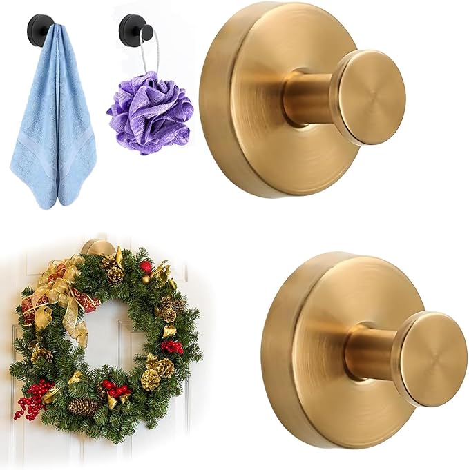 Suction Cup Hooks for Wreaths on Glass, 2026 NEW No Drill Suction Cup Hooks for Shower Towels, Strong Suction Cup Wreath Hanger Holder for Front Door Glass Window Mirror Bathroom Wall (2, Gold)