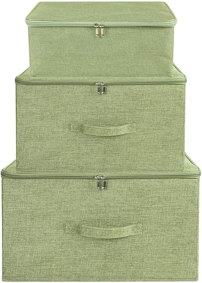ANMINY 2PCS Storage Bins with Zipper Lids 13 Qt Lidded Fabric Storage Boxes Baskets Cubes with Handles Collapsible Washable Cotton Linen Closet Shelf Clothes Organizer Containers - Green, Small-NeatNest