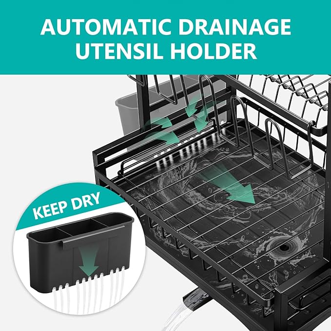 2-Tier Dish Drying Rack Dish Drainer Dish/Cup/Cutting Board Cutlery Holder Dish Drainer Rack Multifunctional Storage Rack w/Drainboard & 360° Telescopic Drain Pipe for Kitchen (Black)