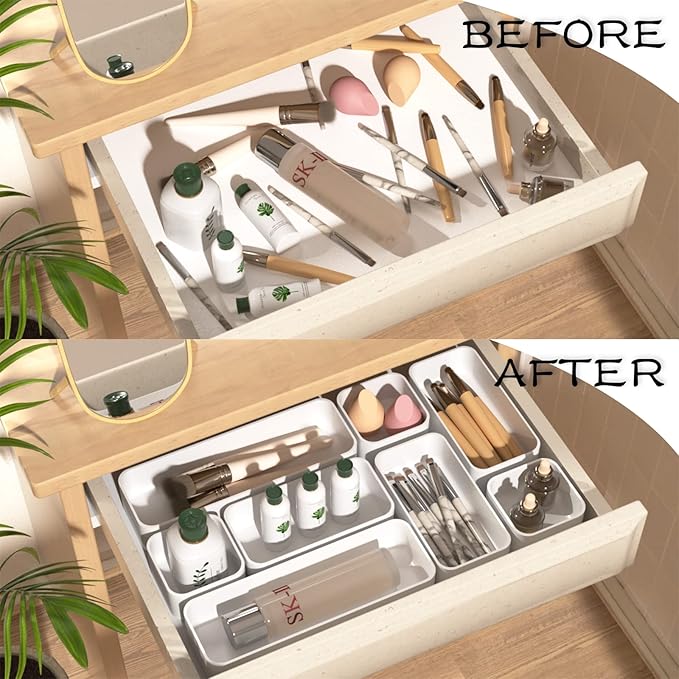 CHANCETSUI 6 PCS Stackable Drawer Organizers Set, Versatile Desk and Vanity Drawer Organizer Trays, Storage Bins for Makeup, Bathroom, Bedroom, Kitchen and Office, White-NeatNest