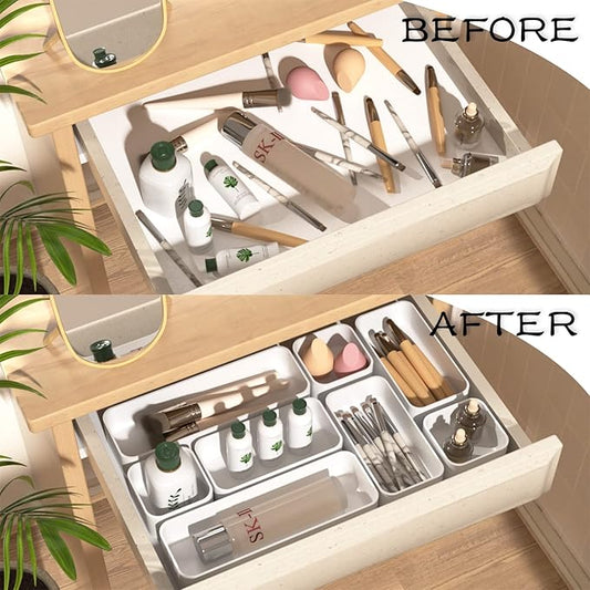 CHANCETSUI 6 PCS Stackable Drawer Organizers Set, Versatile Desk and Vanity Drawer Organizer Trays, Storage Bins for Makeup, Bathroom, Bedroom, Kitchen and Office, White-NeatNest