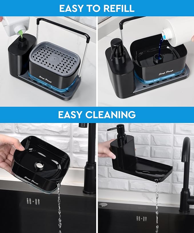 Hand and Dish Soap Dispenser Set with Tray, Dual Soap Dispenser with Sponge Holder and Dishcloth Holder 5-in-1 Organizer for Kitchen Sink Countertop Storage Organize - Useful Kitchen Gadgets (Black)-NeatNest