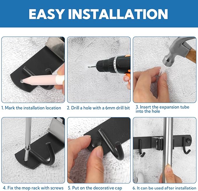3 Pack Black Mop and Broom Holder Wall Mount Self Adhesive 3 Racks with 4 Hooks Broom Organizer Wall Mount Stainless Steel Broom Hanger for Home Kitchen Garden Laundry Garage Organization Storage