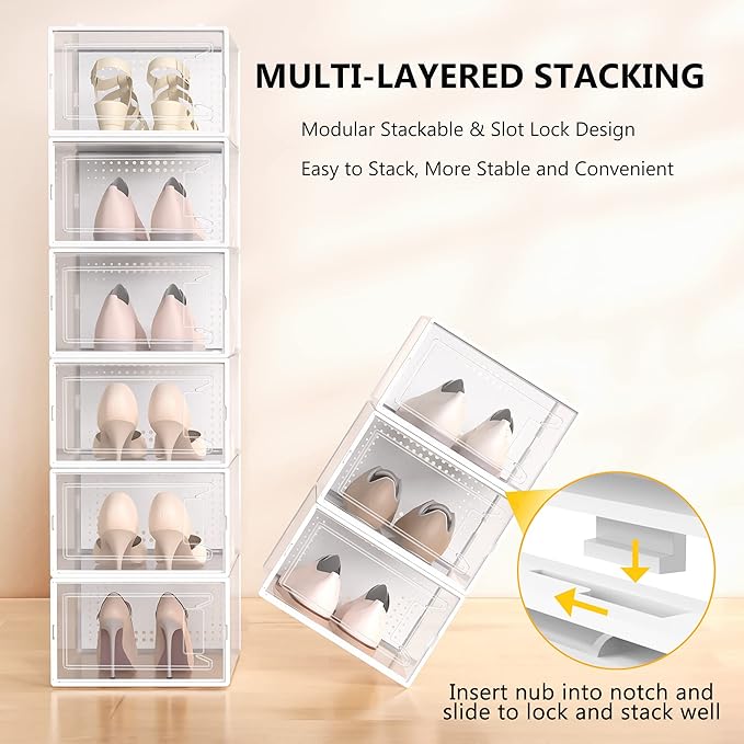 12 Pack XX Large Shoe Organizer Storage Boxes for Closet, Modular Space Saving Shoe Boxes Clear Plastic Stackable Sneaker Containers Display Case with Lids, Pearl White-NeatNest