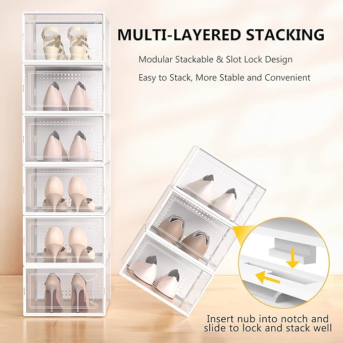 Secret Space 12 Pack XX Large Shoe Storage Organizer for Closet, Modular Space Saving Shoe Boxes Clear Plastic Stackable Containers Display Case Bins with Lids, Shoe Rack for Sneaker Storage, White02-NeatNest