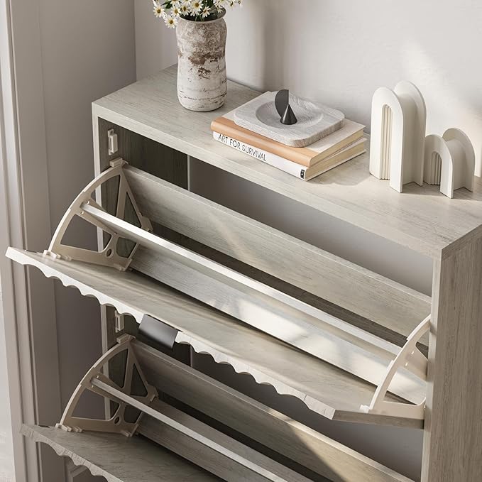 Vibe & Dine Shoe Cabinet with 2 Flip Drawers, Fluted Shoe Storage Cabinet for Entryway Slim, Free Standing Shoe Rack Organizer with Wave Doors for Hallway, Bedroom, Grey-NeatNest