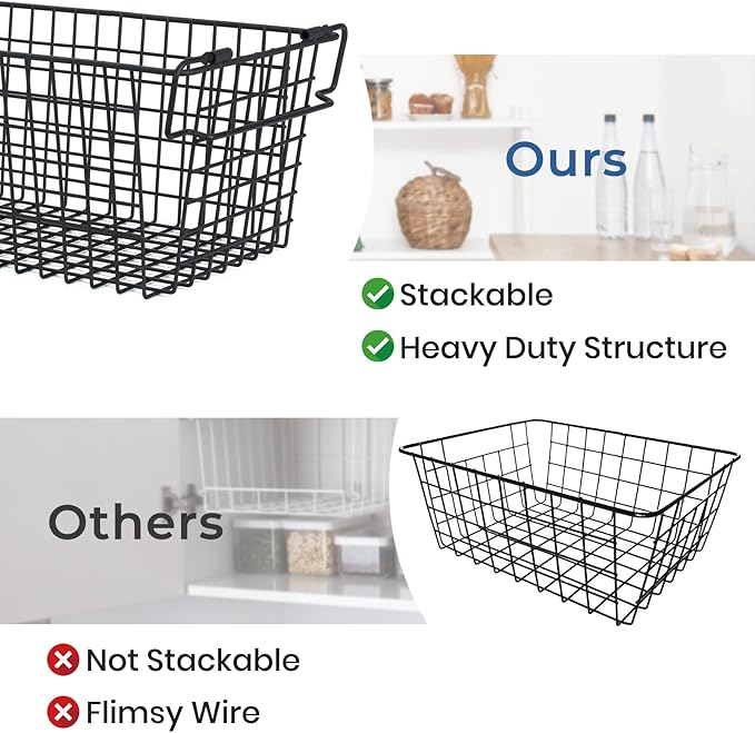 17.5" Freezer Organizer Bins, Stackable Freezer Baskets for Chest Freezer Pantry Organization and Storage Baskets-Black