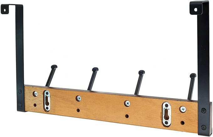creathome Dual-Purpose Wooden Hanger with 4 Robben Hooks Classic Color, Behind/Over The Door Towel Rack for Bathroom, Heavy Duty Wall Mounted Coat Rack, No Drilling