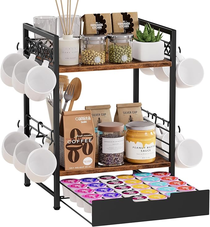 Coffee Bar Organizer Countertop, 2 Tier Mug Cup Holder Stand with 12 Hooks, 30 K Cup Coffee Pod Drawer with Mug Rack, Multifunctional Shelf Organizer for Accessories Station Kitchen (Brown)-NeatNest
